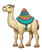 dessin animé chameau avec une coloré selle. génératif ai photo