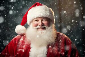 souriant Père Noël claus dans le sien iconique rouge costume et barbe ai génératif photo