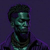 illustration de une noir rappeur dans une violet et vert bichromie style, ai génératif photo