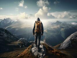 Masculin promeneur avec randonnée sac sur le Montagne falaise avec ciel vue génératif ai photo