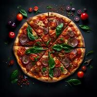 Pizza cette regards délicieux vue de au-dessus de, génératif ai photo