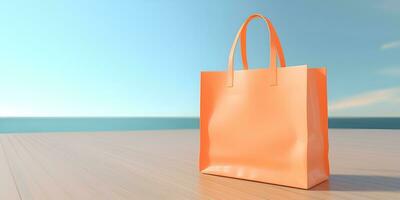 Orange achats sac avec bleu mer plage et clair ciel Contexte ai génératif photo