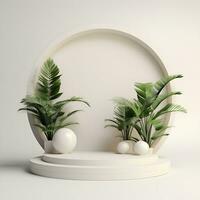 minimaliste blanc podium avec une vase de vert végétaux, ai génératif photo
