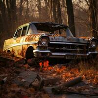 vieux cassé voiture abandonné dans le forêt, ai génératif photo