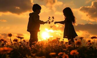 les enfants en jouant dans fleur champ avec coucher de soleil, génératif ai photo