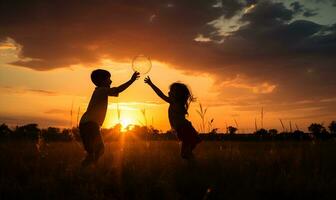 ombre de les enfants en jouant dans une champ de fleurs à coucher de soleil, ai génératif photo