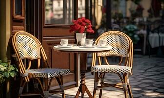 typique européen bord de la route café les tables et chaises, ai génératif photo