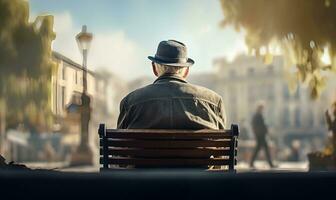 vieux retraité blanc grand-père séance sur parc banc, ai génératif photo