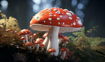 amanite Jeu champignon proche en haut, ai génératif photo