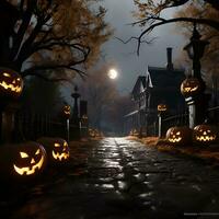 hanté maison dans le forêt avec haloween citrouilles, ai génératif photo