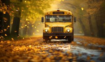 Jaune école autobus voiture sur le route avec l'automne Orange feuilles, ai génératif photo