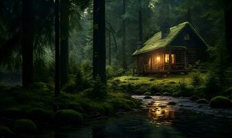 solitaire en bois maison dans le au bord de la rivière forêt, ai génératif photo
