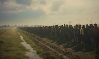milliers de réfugiés coincé à le frontière, ai génératif photo
