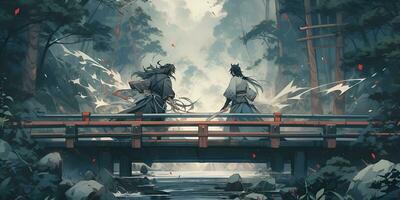 La peinture de deux samouraï combat sur une pont, ai génératif photo