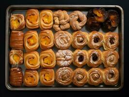 arrangement de divers des pâtisseries sur une plateau vue de au-dessus de, ai génératif photo