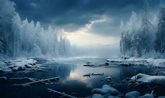 rivière dans hiver dans neigeux forêt, ai génératif photo