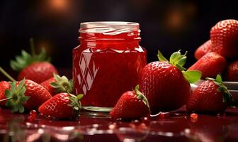 macro de fraise confiture dans une pot, ai génératif photo