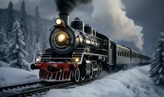 vapeur train dans hiver route plein de neige, ai génératif photo