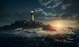 vue de rocheux front de mer avec phare, ai génératif photo