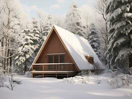 triangulaire cabine dans hiver neigeux forêt, ai génératif photo