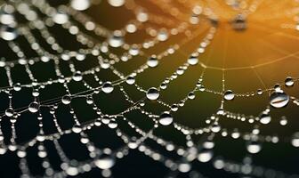 l'eau gouttelettes sur araignée la toile, génératif ai photo