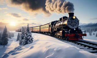 vapeur train dans hiver route plein de neige, ai génératif photo