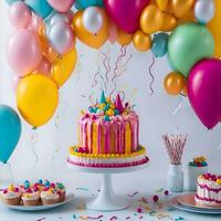 magnifique content anniversaire Contexte avec des ballons, gâteau avec bougies par ai généré photo