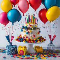 magnifique content anniversaire Contexte avec des ballons, gâteau avec bougies par ai généré photo