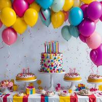 magnifique content anniversaire Contexte avec des ballons, gâteau avec bougies par ai généré photo