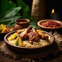 poulet Muamba, Gabon nourriture, rustique style arrière-plan, copie espace, génératif ai. photo