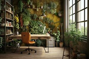 grenier ,rustique Bureau ,intérieur avec plante. 3d ,génératif ai. photo