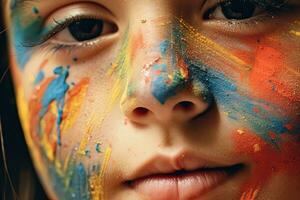 proche en haut visage peu fille en jouant avec couleurs , génératif ai. photo