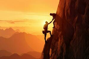 travail en équipe couple escalade portion sur Haut de falaise à le coucher du soleil ,génératif ai photo