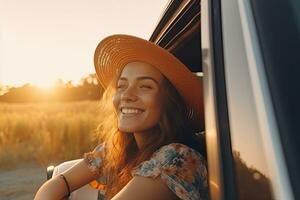 content magnifique caucasien femme Voyage sur le route avec fenêtre une voiture , génératif ai photo