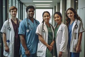 médecin et le sien équipe souriant ,génératif ai. photo