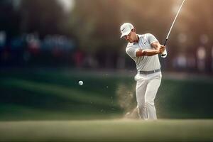 le golf Jeune homme dans action sur le stade ,génératif ai. photo