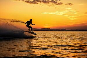 silhouette de une homme sur une wakeboard prise de sur. génératif ai. photo