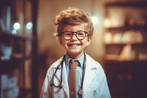 content enfant en jouant médecin à intérieur , génératif ai. photo