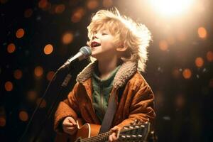 content enfant en jouant chanteur, acteur à intérieur ,génératif ai. photo