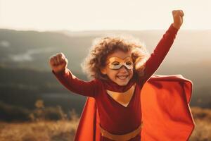 content enfant en jouant super-héros à en plein air ,génératif ai. photo