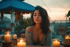 une Jeune femme méditer sur le terrasse de sa maison entouré par bougies à crépuscule à améliorer sa mental santé , génératif ai photo