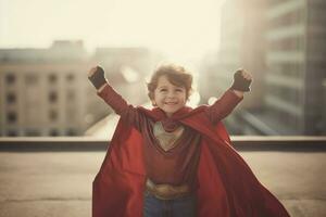 content enfant en jouant super-héros à en plein air ,génératif ai. photo