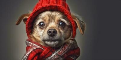 mignonne chien habillé dans une rouge écharpe et chapeau avec espace pour , copie espace , ,génératif ai. photo