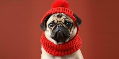 mignonne chien avec une Père Noël chapeau sur une rouge Contexte avec espace pour fond ,génératif ai. photo