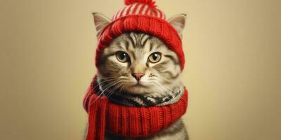 mignonne chat habillé dans une rouge écharpe et chapeau avec espace pour , copie espace ,génératif ai. photo