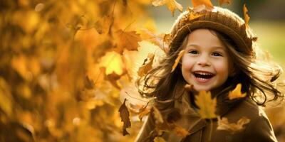 content enfant en jouant dans le tomber feuilles avec espace pour fond pour texte ,génératif ai. photo