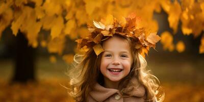 content enfant en jouant dans le tomber feuilles avec espace pour fond pour texte ,génératif ai. photo