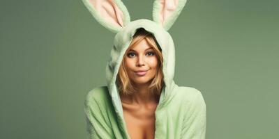 magnifique Jeune femme dans une lapin costume sur une vert Contexte avec espace pour fond ,génératif ai. photo