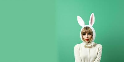 magnifique Jeune femme dans une lapin costume sur une vert Contexte avec espace pour fond ,génératif ai. photo