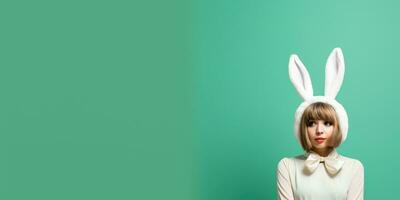 magnifique Jeune femme dans une lapin costume sur une vert Contexte avec espace pour fond ,génératif ai. photo